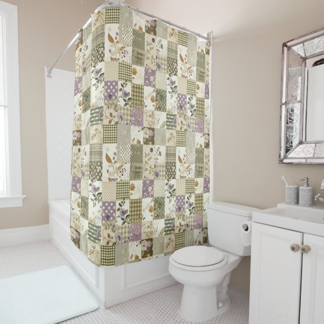  Green Lilac Patchwork Quilt Rustic Floral Retro  (In Situ)