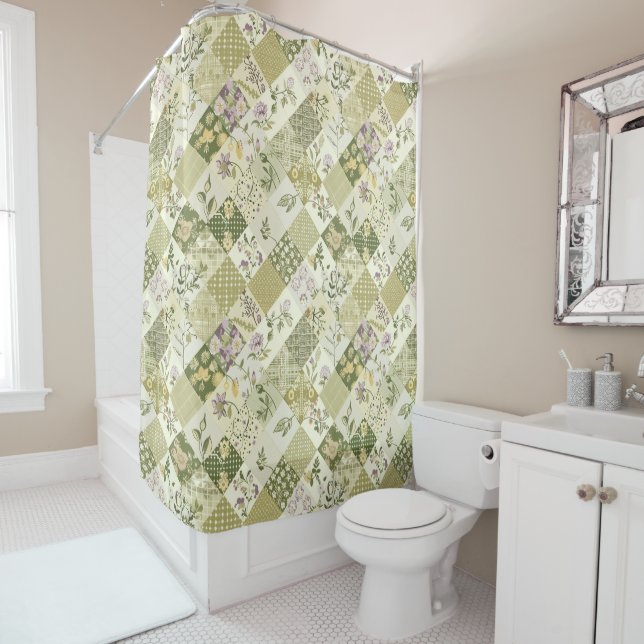  Green Lilac Patchwork Quilt Rustic Floral Retro  (In Situ)