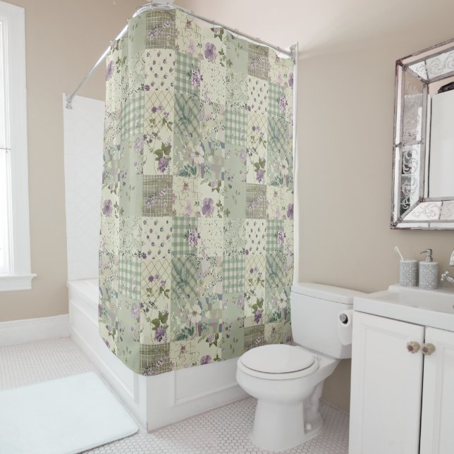  Green Lilac Patchwork Quilt Rustic Floral Retro  (In Situ)
