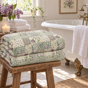 Green Lilac Quilt Patchwork Gingham Cottagecore Fleece Blanket
