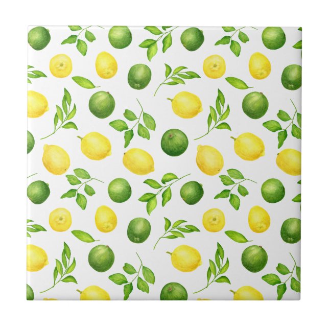 Green Lime Bright Yellow Watercolor Lemon Pattern Tile (Front)