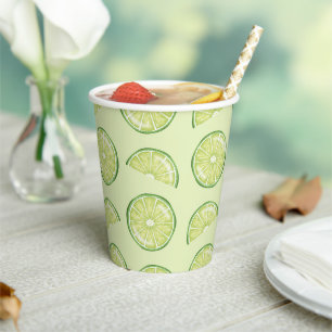 Green Lime Citrus Fruit Slices Illustrated Pattern Paper Cups