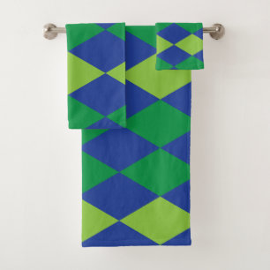Green Lime Green Diamond Chequered Pattern Bath Towel Set