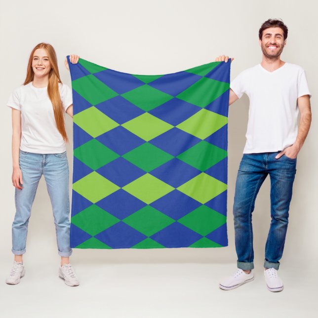 Green Lime Green Diamond Chequered Pattern Fleece Blanket (In Situ)