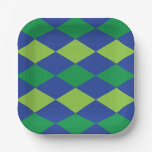 Green Lime Green Diamond Chequered Pattern Paper Plate