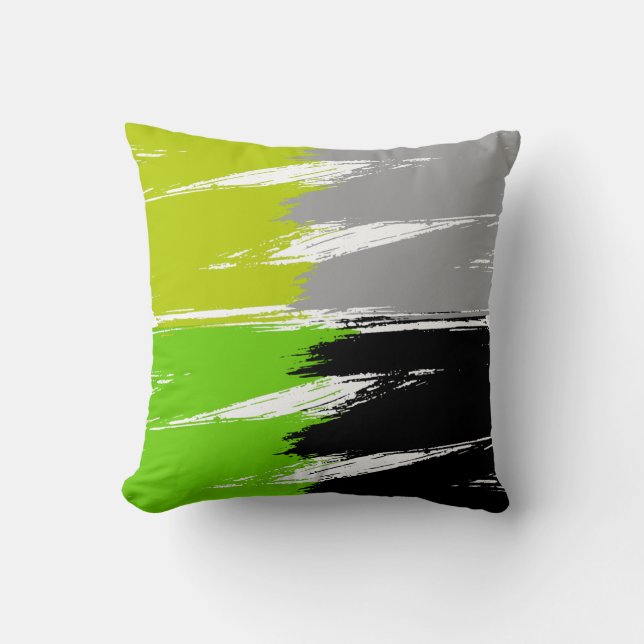 Green Lime Grey Black White Brush Stroke Paint Throw Pillow (Front)
