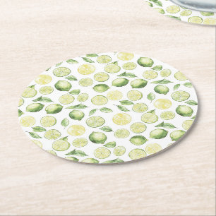Green Limes Leaves Fruit Round Paper Coaster