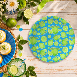 Green Limes on Blue Playful Citrus Fruit Pattern Paper Plate