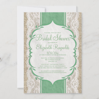 Green Linen Burlap Lace Bridal Shower Invitations