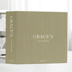 Green Linen Fabric Look Personalized Planner Binder