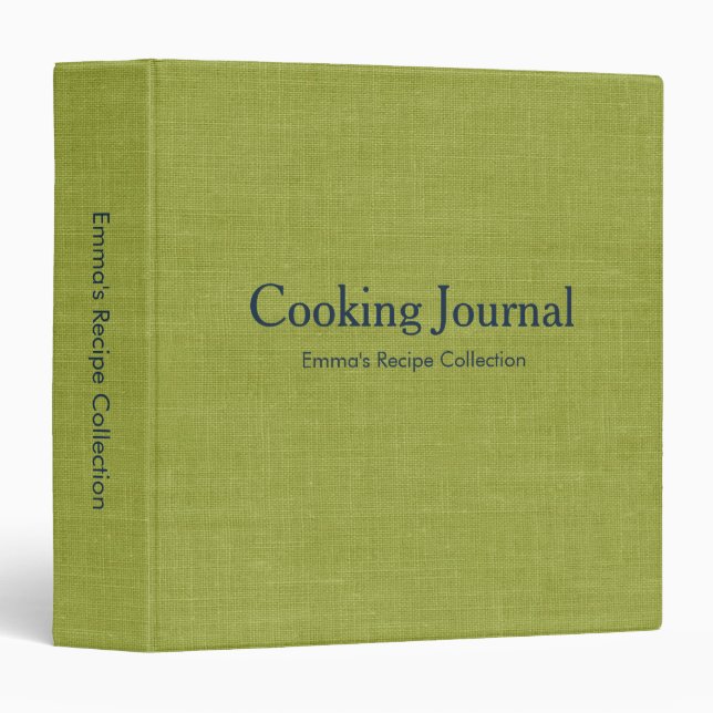 Green Linen Navy Lettering Cooking Journal Recipes Binder (Front/Spine)