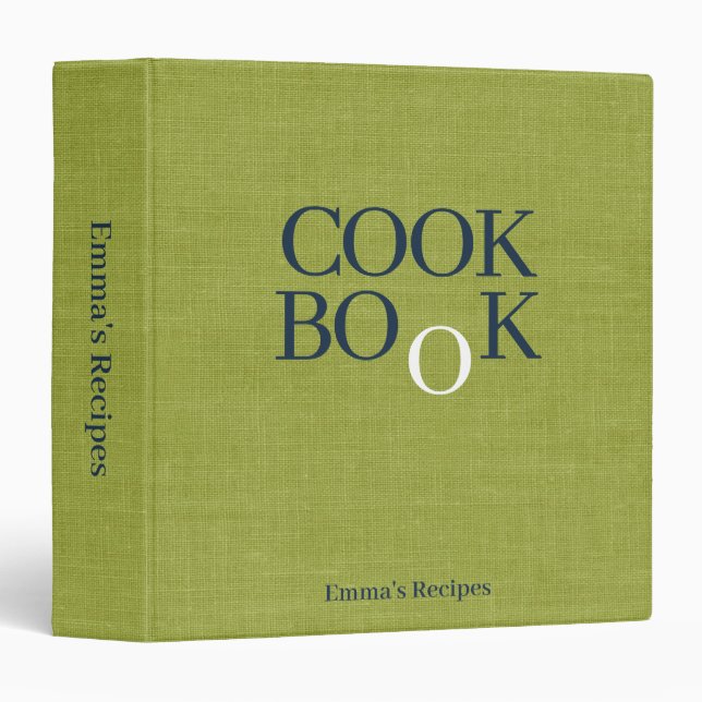 Green Linen Navy Lettering Custom Cookbook Recipes Binder (Front/Spine)