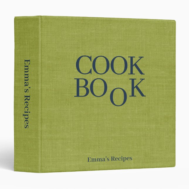 Green Linen Navy Lettering Custom Cookbook Recipes Binder (Front/Spine)