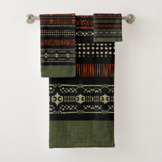 Green Linen Tribal Pattern Bath Towel Set