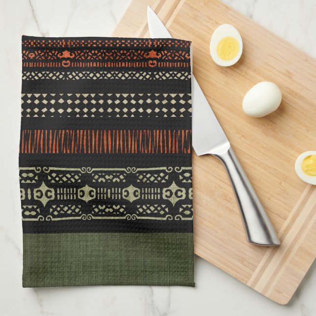 Green Linen Tribal Pattern Kitchen Towel (Quarter Fold)