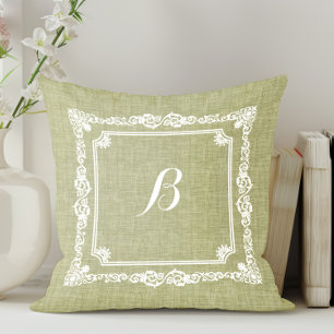 Green Linen White Frame Monorgam Throw Pillow
