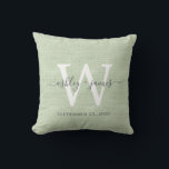 Green Linen White Monogram Wedding Keepsake Throw Pillow<br><div class="desc">Elegant wedding keepsake green woven linen effect pillow with your text in dark grey chic handwritten script calligraphy. Simply add your names, monogram and wedding date. Great gift for a newlywed couple. Exclusively designed for you by Happy Dolphin Studio. If you need any help or matching products, please contact us...</div>