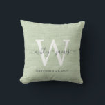 Green Linen White Monogram Wedding Keepsake Throw Pillow<br><div class="desc">Elegant wedding keepsake green woven linen effect pillow with your text in dark grey chic handwritten script calligraphy. Simply add your names, monogram and wedding date. Great gift for a newlywed couple. Exclusively designed for you by Happy Dolphin Studio. If you need any help or matching products, please contact us...</div>