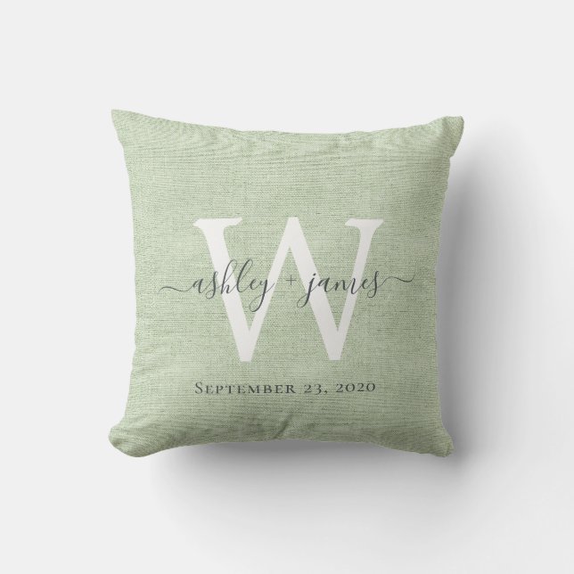 Green Linen White Monogram Wedding Keepsake Throw Pillow (Front)