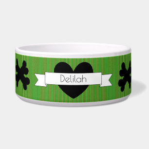 Green Lines with Black Heart Dog Food Bowl HAMbWG