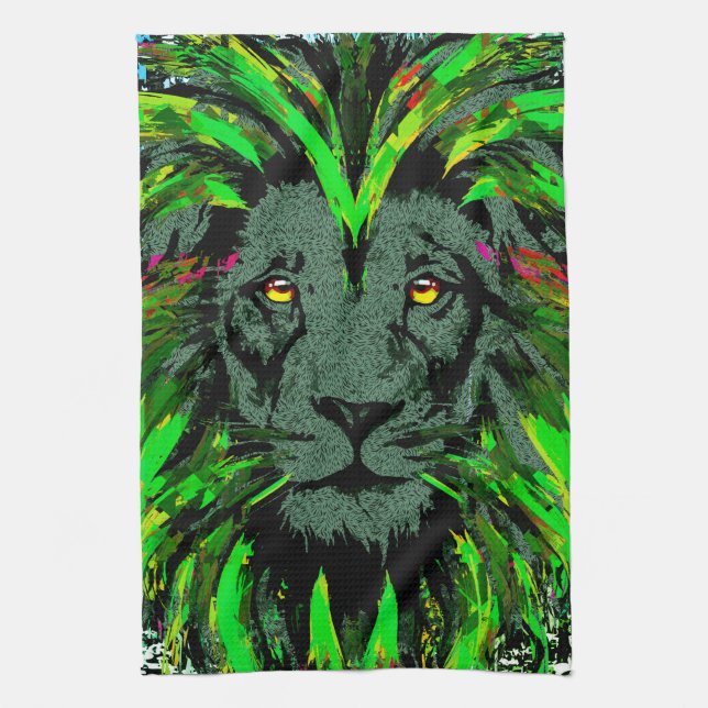 Green Lion Head - Lion Face Portrait Drawing Kitchen Towel (Vertical)