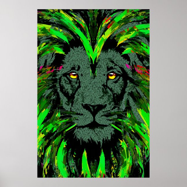 Green Lion Head Poster - Lion Face Poster  (Front)