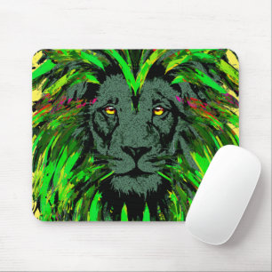 Green Lion Mousepad - Lion Face Portrait Drawing