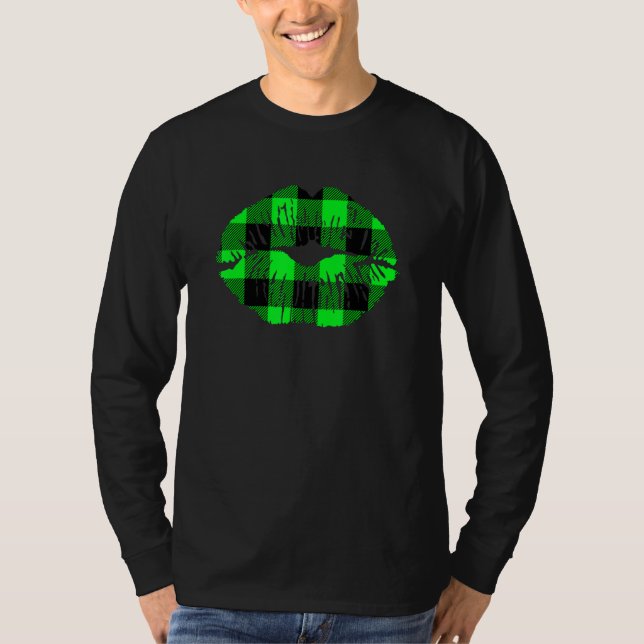 Green Lips Buffalo Plaid Lips Lucky St Patrick's D T-Shirt (Front)