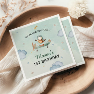 Green Little Aviator Sky Adventure 1st Birthday Napkin