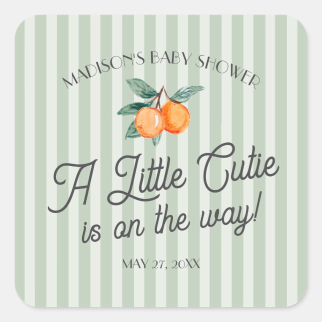 Green Little Cutie On The Way Baby Shower Envelope Square Sticker (Front)