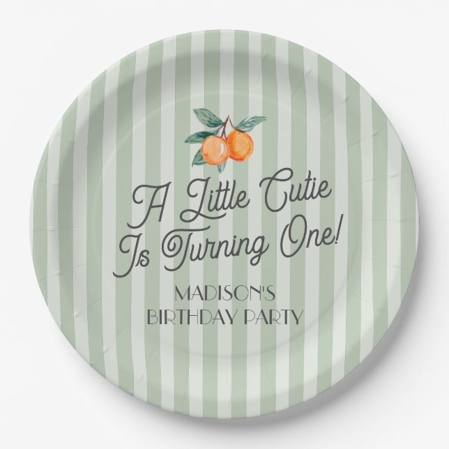 Green Little Cutie Pastel Citrus Birthday Party Paper Plate (Front)