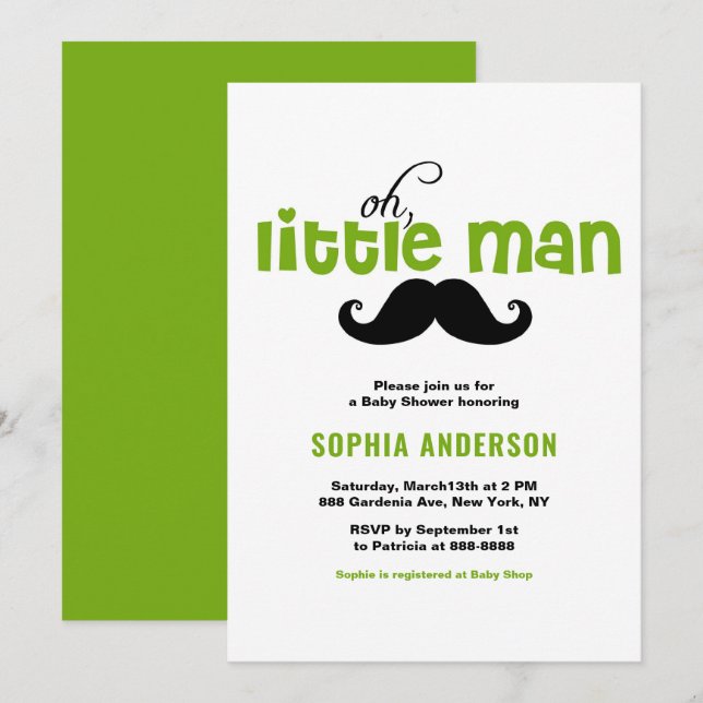 Green Little Man Mustache Baby shower Invitation (Devant / Derrière)