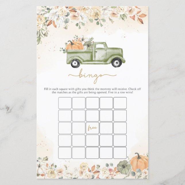 Green Little Pumpkin Baby Shower Bingo Game (Front)
