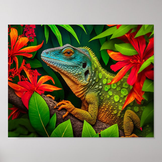 Green Lizard in Rainforest Poster (Front)