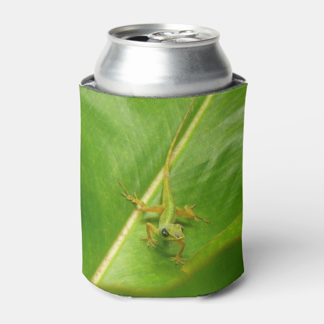 Green Lizard on Green Leaf Can Cooler (Can Front)