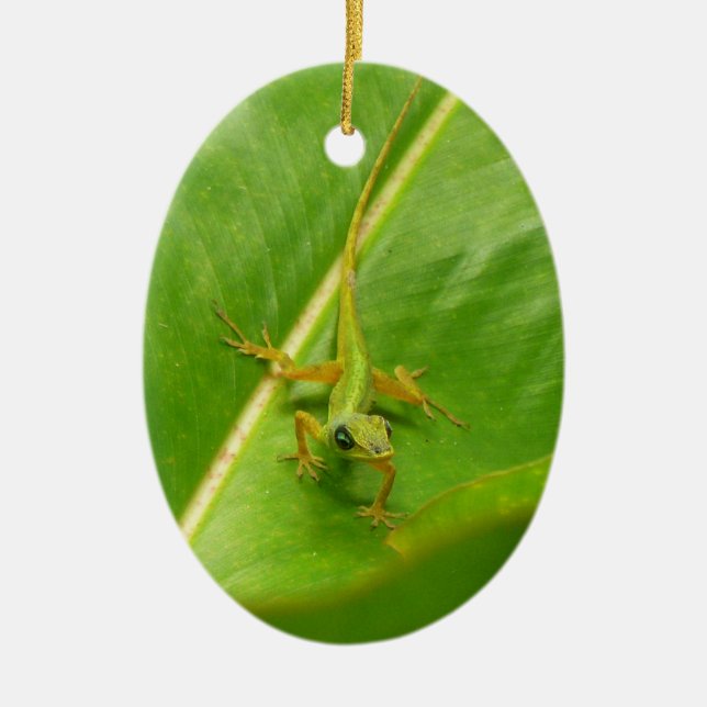 Green Lizard on Green Leaf Ceramic Ornament (Front)
