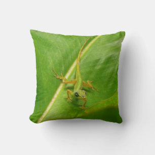 Green Lizard on Green Leaf Throw Pillow