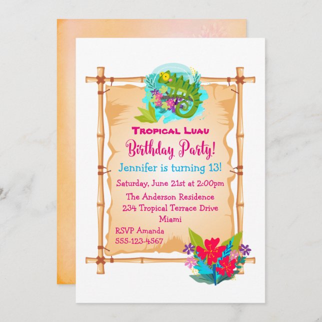 Green Lizard Tropical Luau Birthday Invite (Front/Back)