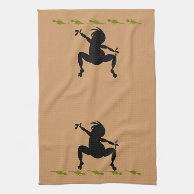 Green Lizards & Dancing Kokopelli Kitchen Towel (Vertical)
