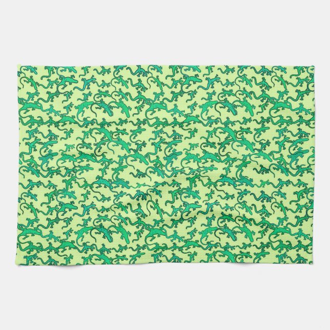 Green lizards on a lime green background kitchen towel (Horizontal)