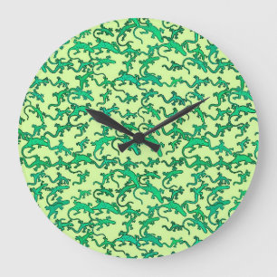 Green lizards on a lime green background large clock