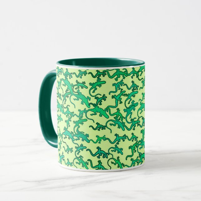 Green lizards on a lime green background mug (Front Left)