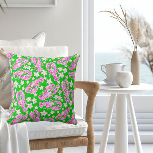 Green Lobster Floral / Preppy Coastal Pink Lobster Throw Pillow