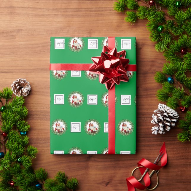 Green Logo Christmas Santa Gifts Pattern Company Wrapping Paper (Holiday Gift)