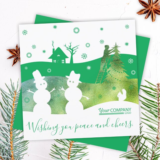 Green Logo Company Christmas Snowmen Carte de voeu (green company logo christmas cards, snowmen snow village holiday greeting cards, green white snow)