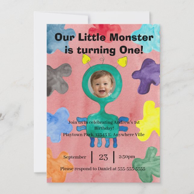 Green Long Neck Monster Photo Birthday Invitation (Front)