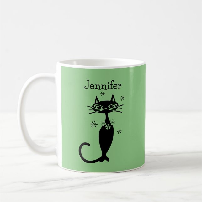 Green Long Necked Cat MCM Style Coffee Retro Mug (Left)