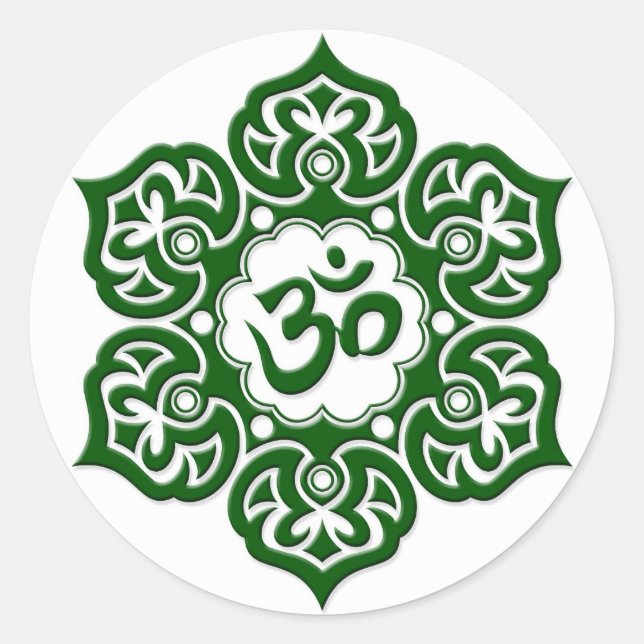 Green Lotus Flower Om on White Classic Round Sticker (Front)