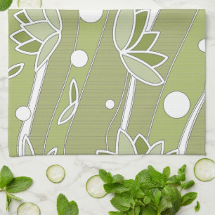 Green Lotus Flowers on Olive Stripes Kitchen Towel