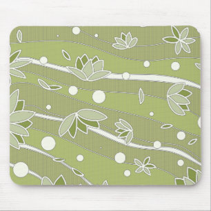 Green Lotus Flowers on Olive Stripes Mouse Pad